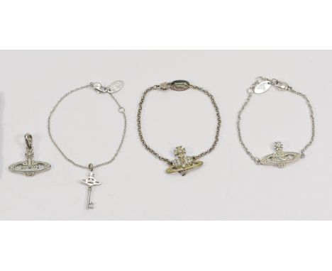 Vivienne Westwood, two gemset and enamel logo bracelets, a Vivienne Westwood key charm bracelet and a Vivienne Westwood gemse
