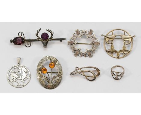 Ola Gorie, a 925 silver Celtic design ring, I, four Scottish silver gemset brooches, largest 40mm, a sterling silver gemset s