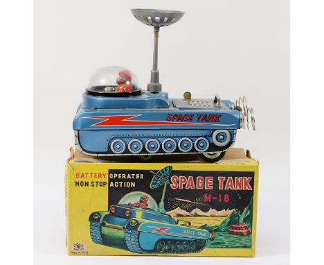 Masudaya, Japan (TM), battery operated Space Tank, M-18, finished in metallic blue with litho printed detailing, dome cockpit