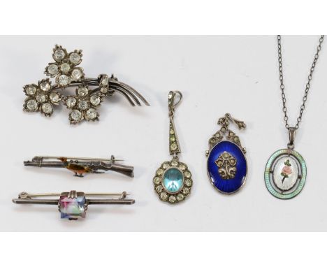 Charles Horner, a silver and enamel floral pendant, a 925 silver gemset floral brooch, 55mm, a sterling silver gemset brooch,