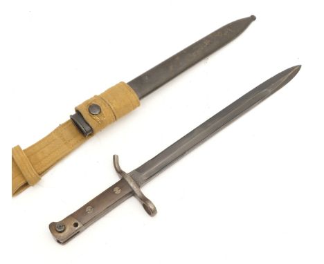 Early 20th century M1927 Finnish bayonet, by Fiskars, patented 0183, with scabbard, 29.5cm blade.