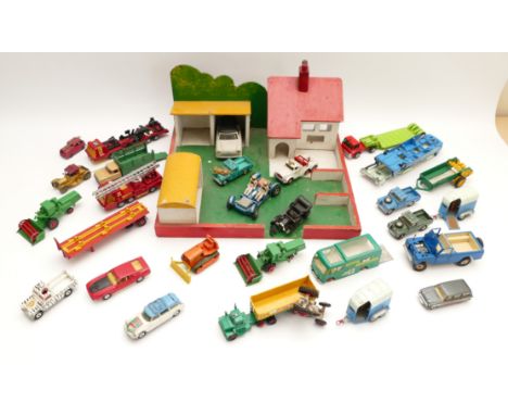 A collection of mid 20th century and later playworn diecast models, to include cars, farming implements, trailers, farmhouse 