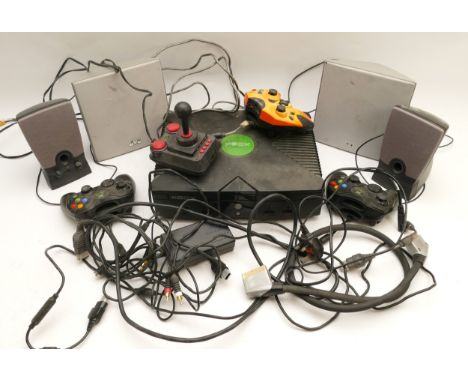 An original Xbox 360 games console, with two Xbox 360 controllers, power supply, scart lead, two aftermarket controllers and 