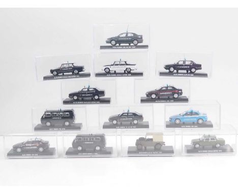 A group of 1:43 scale models be DEGOSTINI, comprising of Alfa Romeo automobiles, most of which are Carabinieri and Polizia di