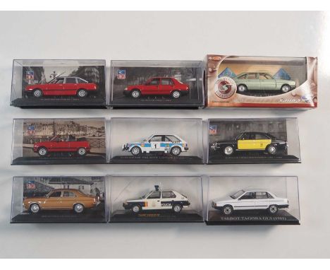 A group of 1:43 scale models by IXO -ALTAYA (ex magazine) and SOLIDO comprising of Simca Talbot automobiles to include a 1972