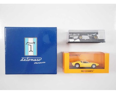 A group of 1:43 scale models by MINICHAMPS-MAXICHAMPS, comprising of X2 De Tomaso Mangusta (1967 &amp; 1969) and a 1970 De To