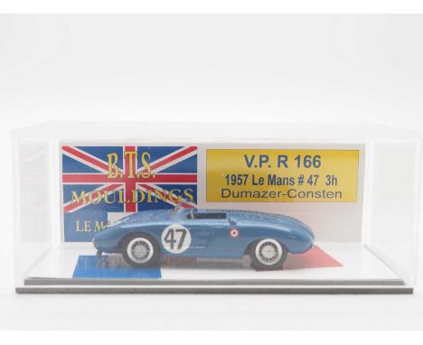 A 1:43 scale B.T.S. MOULDINGS hand built resin model of a 1957 V.P R166 (Le Mans) - VG/E in G/VG perspex case