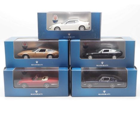 A group of 1:43 scale models by IXO, comprising of Maserati automobiles to include a 1963 Maserati Mistral convertible and a 