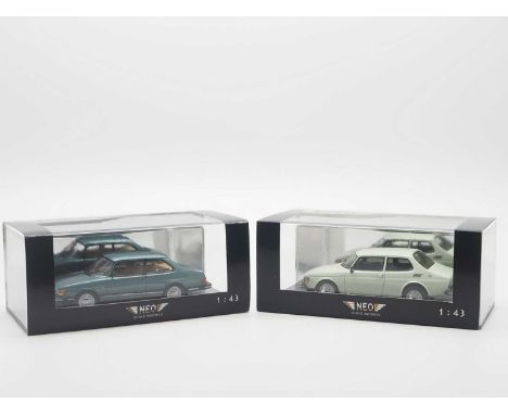 A pair of 1:43 scale hand built resin models by NEO, comprising of a 'NEO43671' 1985 SAAB 90 and a 'NEO43016'  SAAB 99 Turbo 