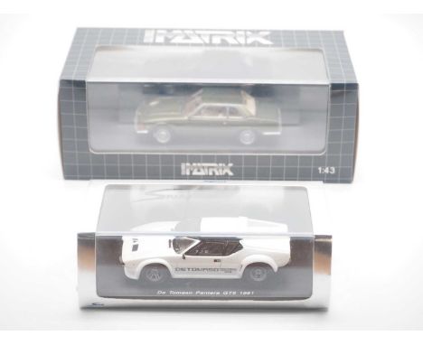 A pair of hand built 1:43 scale resin models by SPARK and MATRIX, comprising of a SPARK 'S0533' 1981 De Tomaso Pantera GT5 an