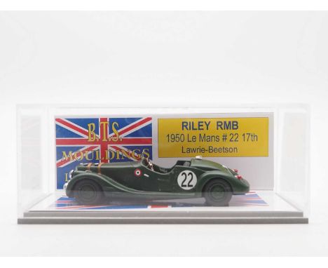 A 1:43 scale B.T.S. MOULDINGS hand built resin model of a 1950 Riley RMB (Le Mans) - VG/E in G/VG perspex case