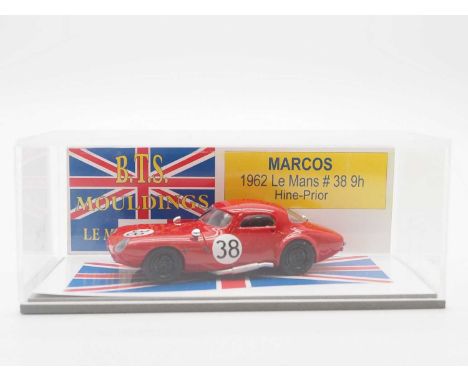 A 1:43 scale B.T.S. MOULDINGS hand built resin model of a 1962 Marcos (Le Mans) - VG/E in G/VG perspex case