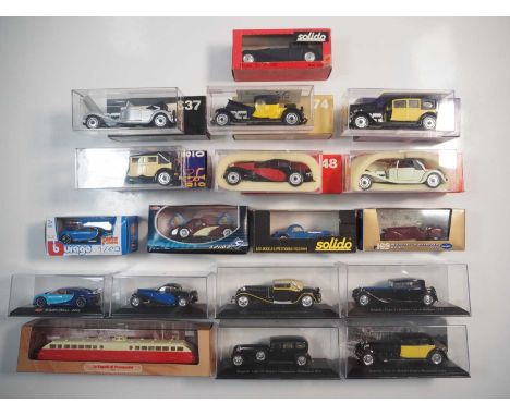 A group of 1:43 scale boxed models to include RIO, SOLIDO, ATLAS, BBURAGO and BRUMM comprising of Bugatti automobiles plus a 