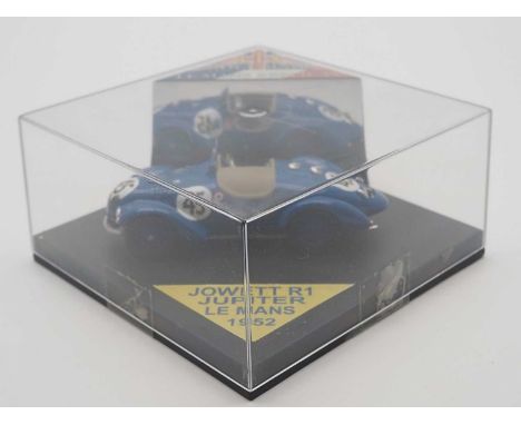 A 1:43 scale B.T.S. MOULDINGS hand built resin model of a 1952 Jowett R1 Jupiter (Le Mans) - VG/E in G/VG perspex case