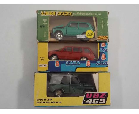 A group of 1:43 scale Russian made (USSR) diecast model cars, comprising of a 1976 Lada 2121, a 1972 Lada 2102 and a 1965 UAZ