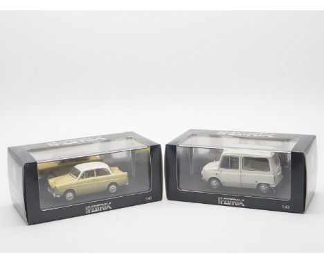 A pair of hand built 1:43 scale models by MATRIX, comprising of a 1958 DAF 600 Variomatic and a 1971 DAF Kalmar Tjorven 441 -