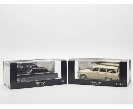 A pair of 1:43 scale hand built resin models by NEO, comprising of a 'NEO43806' 1960 GAZ M-22 Volga estate and a 'NEO43806' 1