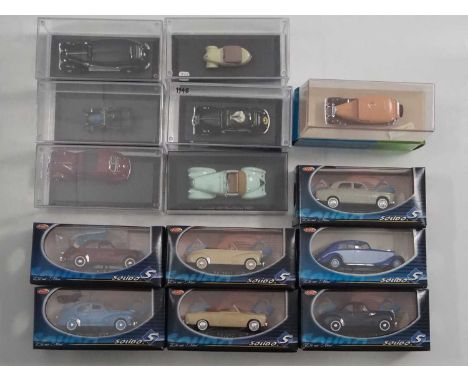 A group of 1:43 scale models to include ELIGOR and SOLIDO, comprising of Peugeot automobiles - VG/E in G/VG perspex cases and