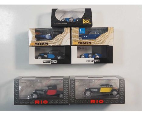 A group of 1:43 scale models by IXO Museum, WHITEBOX and RIO, comprising of Bugatti automobiles to include an IXO 1928 Bugatt