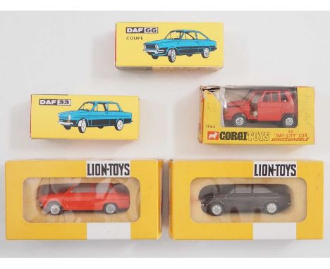 A group of 1:43 scale models by LION TOYS, and CORGI, comprising of DAF automobiles to include a CORGI 1966 DAF/OSI city car 