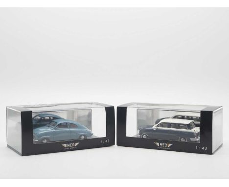 A pair of 1:43 scale hand built resin models by NEO, comprising of a 'NEO43010' 1958 SAAB 95 and a 'NEO44620' 1958 SAAB 92B -