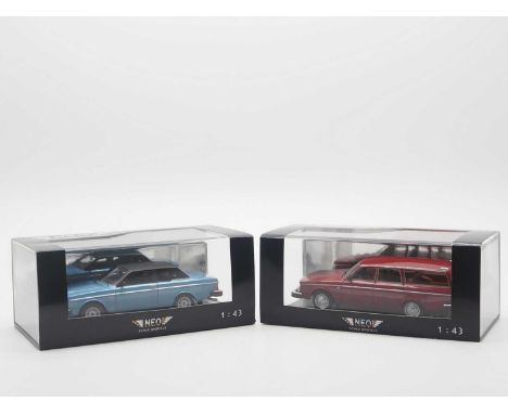 A pair of 1:43 scale hand built resin models by NEO, comprising of an 'NEO43825' 1975 Volvo 245 DL and a 'NEO43113' 1981 Volv