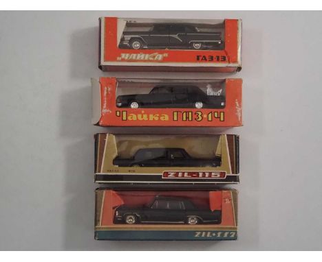 A group of 1:43 scale Russian made (USSR) diecast model cars, comprising of GAZ and ZIL limousines to include a Zil 117 and a