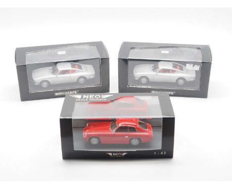 A group of 1:43 scale models by NEO and MINICHAMPS, comprising of a NEO '45185' 1962 OSCA 1600 GT Zagato and X2 MINICHAMPS '4