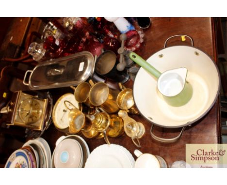 A stainless steel fish kettle; a brass cased bulkhead style barometer; platedware etc.