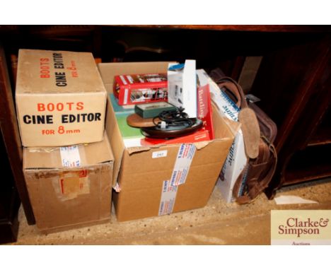 A quantity of camera equipment, projector, editor, carrying bags etc. 