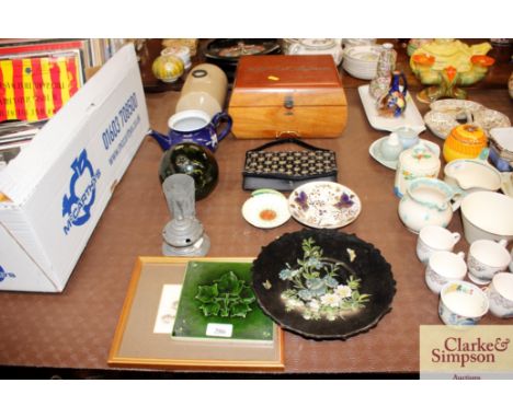 A humidor and contents of various cigars; a stone glazed hot water bottle; green glazed fisherman's float; papier maché dish;