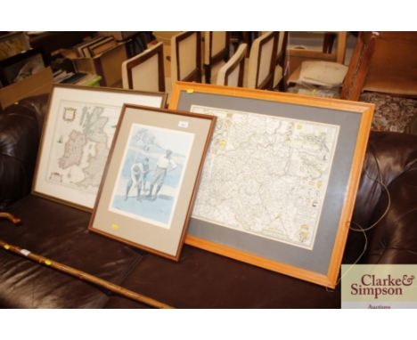 A golfing print "Stymied"; a coloured map of the British Isles; and a coloured map of Northamptonshire