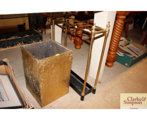 A brass stick stand; and a brass covered fire box