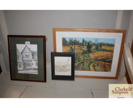 A print of Moot Hall Aldeburgh; another of The Crooked House Lavenham; and a landscape print