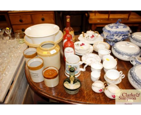 A quantity of stone glazed storage jars; a large glazed 20th Century mixing bowl and a Burleigh ware china commode liner etc