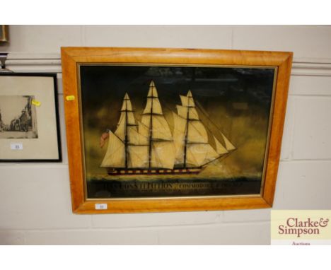 A reverse print on glass, USS Constitution, Commodore E. Prebble, Off The Coast of Barbary, contained in maple veneer frame
