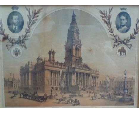 Framed lithograph depicting the opening of Bolton Town Hall, dated 1873 