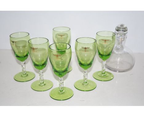 6 German wine glasses all stamped with a gold imperial eagle swastika and initialled AH with associated decanter 