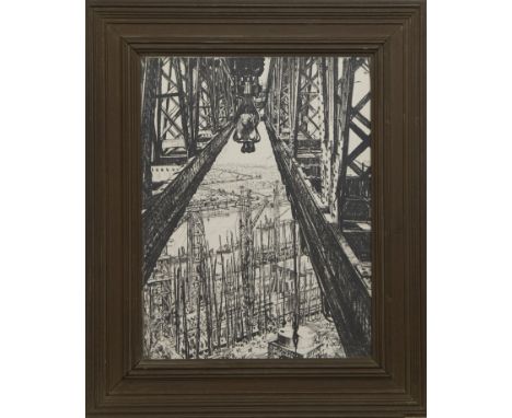 * SIR MUIRHEAD BONE (SCOTTISH 1876 - 1953), A SHIP-YARD SEEN FROM A BIG CRANE lithograph on paper, attributed and titled labe