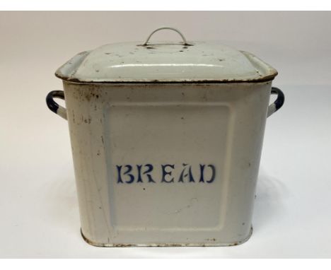 An enamelled white and blue bread bin, 35cm H