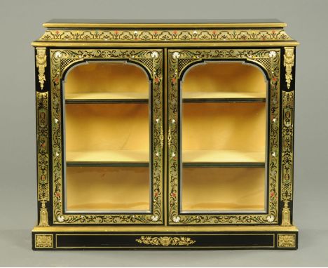 A 19th century ebonised and boulle marquetry side cabinet, with caddy top, pair of glazed doors and with adjustable shelves a