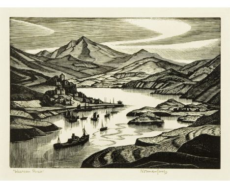 Norman James, etching "Western River".  18 cm x 22 cm, framed, signed. 