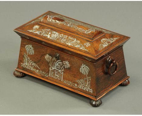 A Regency rosewood inlaid mother of pearl tea caddy, large form, decorated with palms, swans, deer and ferns, the interior wi