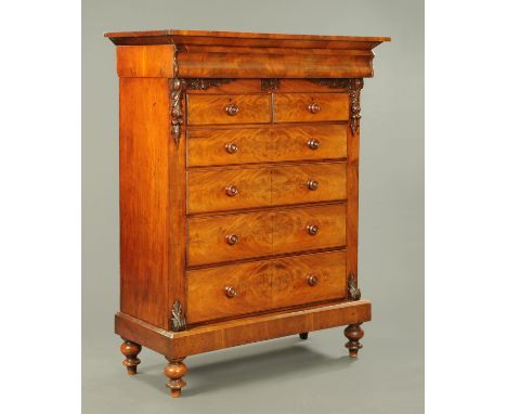 A large Victorian mahogany Scotch chest of drawers, with secret cupboard to the top panel and fitted with two short and four 