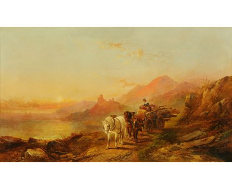Joseph Horlor, oil on canvas, Scottish Highland scene with figures, horses and cart.  59 cm x 100 cm, framed, signed (see ill