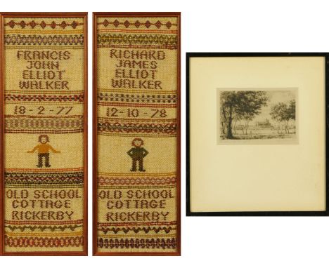 Two samplers, 1977 and 1978 Old School Cottage, Rickerby, and a print of "The Cathedral from Rickerby Park".  