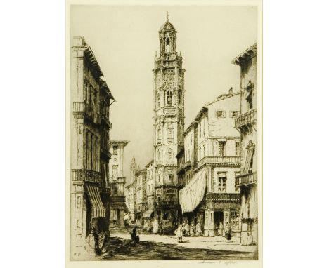 Andrew F. Afleck (Fl. 1910-1935), signed proof etching, Continental town scene.  42 cm x 31 cm, signed.