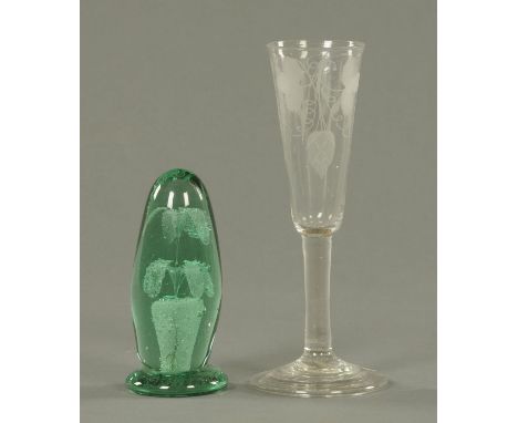 A 19th century glass dump, height 12 cm, and an 18th century drinking vessel with folded foot etched with wheat (see illustra