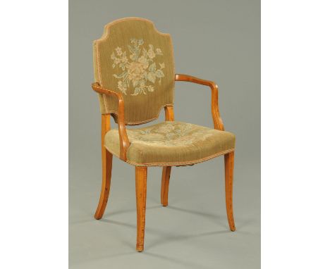 An Edwardian mahogany satinwood banded and ebony strung armchair, with tapestry back and seat.     CONDITION REPORT:  Height 