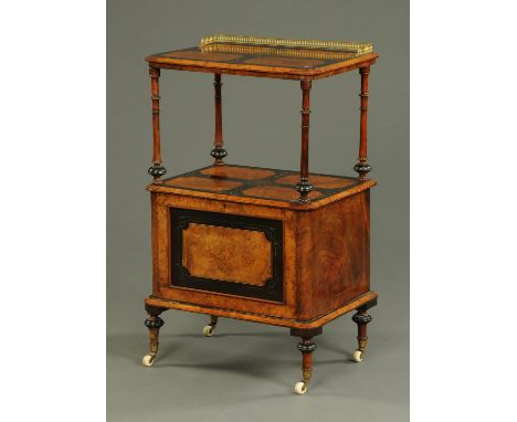 A Victorian walnut marquetry Canterbury, with fretwork gallery, foliate marquetry top, three divisions and raised on short tu